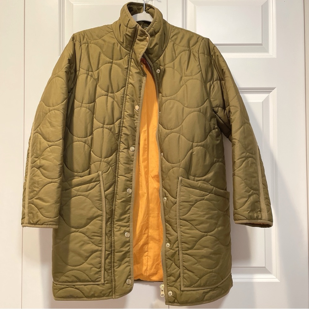 J. Crew Quilted Olive Green Long Coat